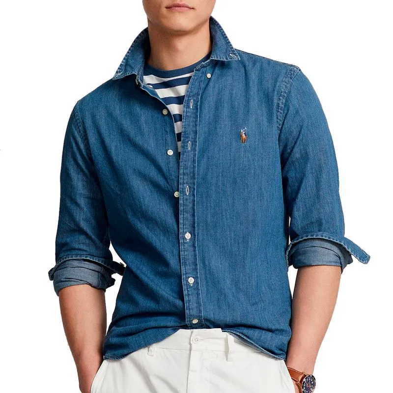 Camicia Oxford Slim-Fit in denim con pony 