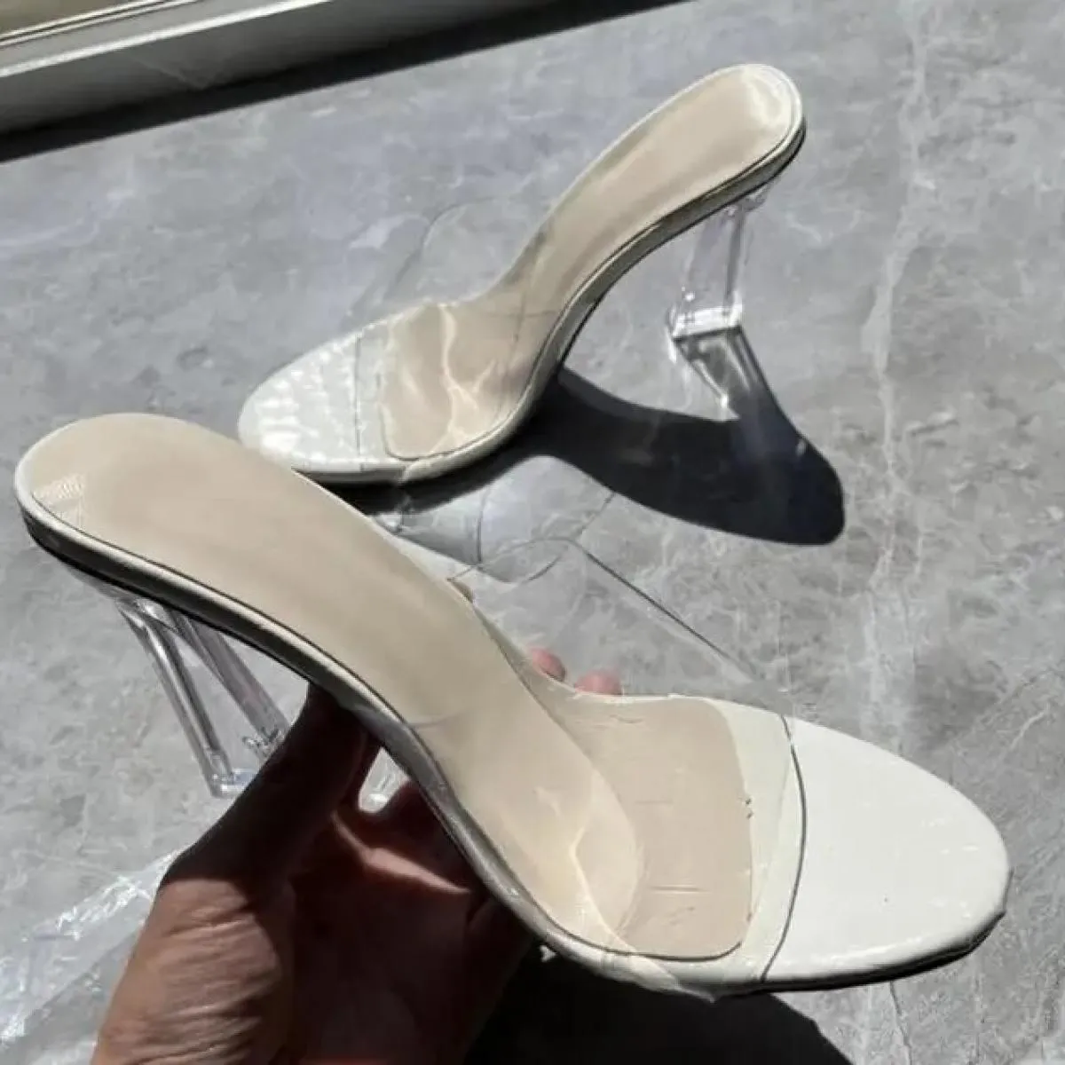 Sandali décolleté da donna estivi Pantofole in gelatina da 9 cm Punta quadrata aperta Tacchi alti Pantofole trasparenti da donna