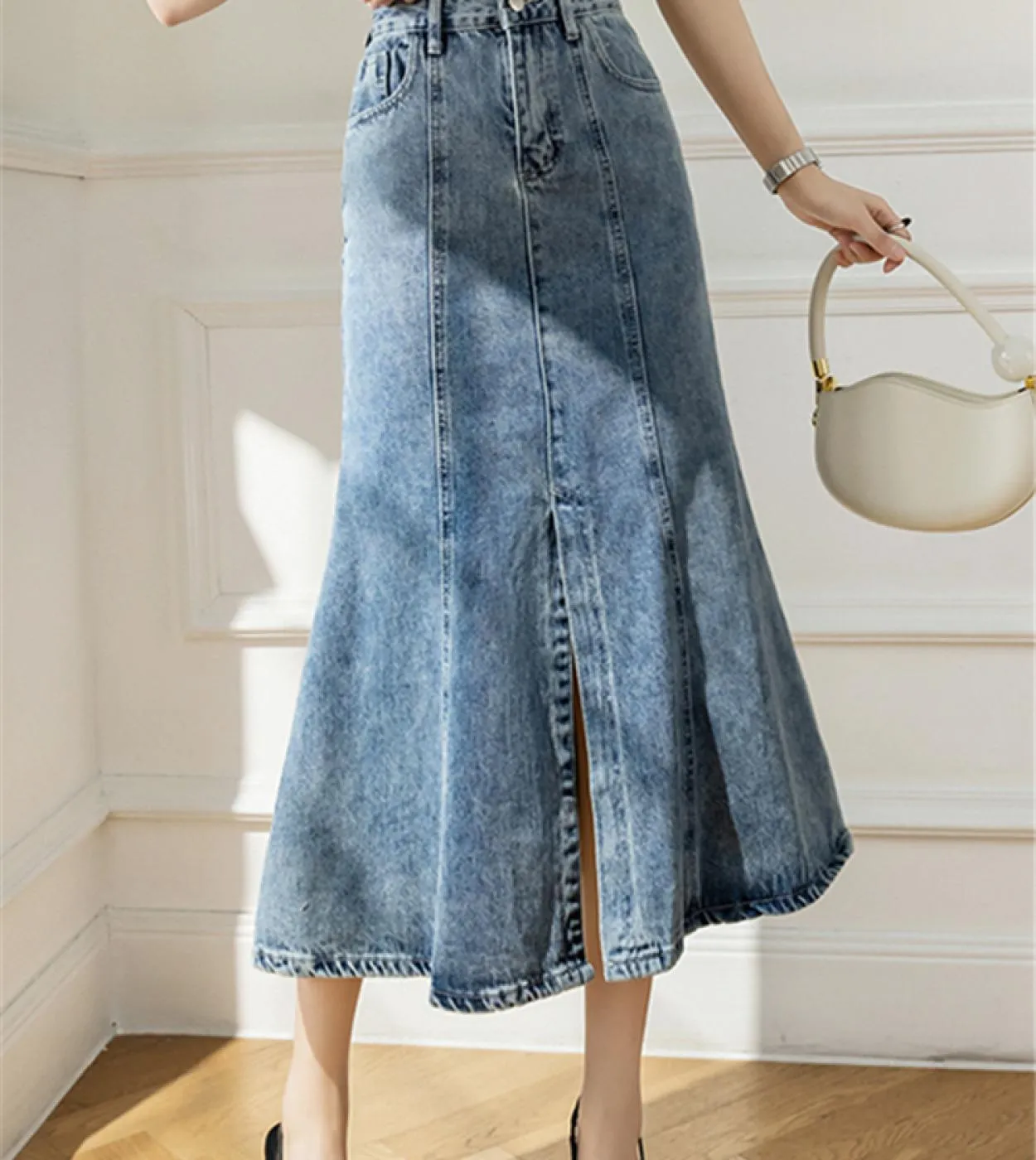 Seoulish 2022 New Front Split Womens Denim Long Skirts High Wasit Blue Mermaid Jeans Skirts Female Chic Aline Fishtail