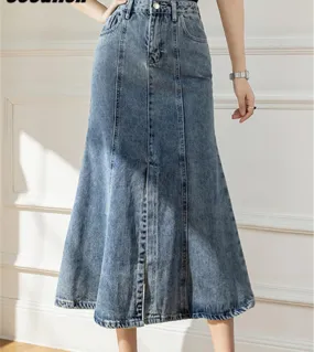 Seoulish 2022 New Front Split Womens Denim Long Skirts High Wasit Blue Mermaid Jeans Skirts Female Chic Aline Fishtail