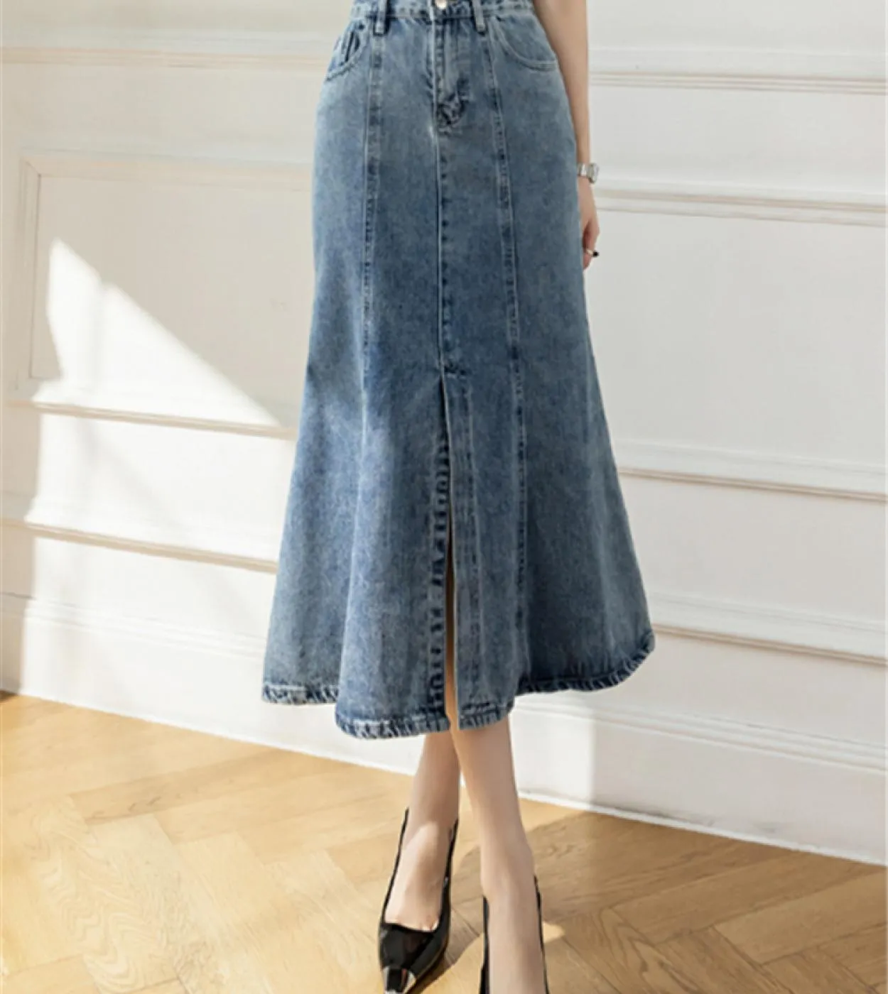 Seoulish 2022 New Front Split Womens Denim Long Skirts High Wasit Blue Mermaid Jeans Skirts Female Chic Aline Fishtail