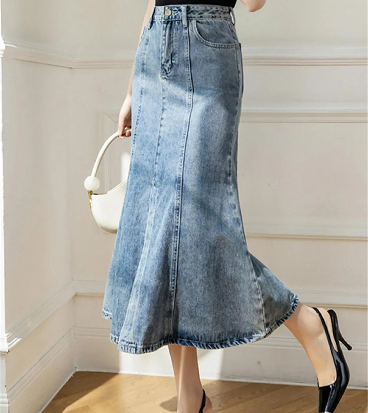 Seoulish 2022 New Front Split Womens Denim Long Skirts High Wasit Blue Mermaid Jeans Skirts Female Chic Aline Fishtail