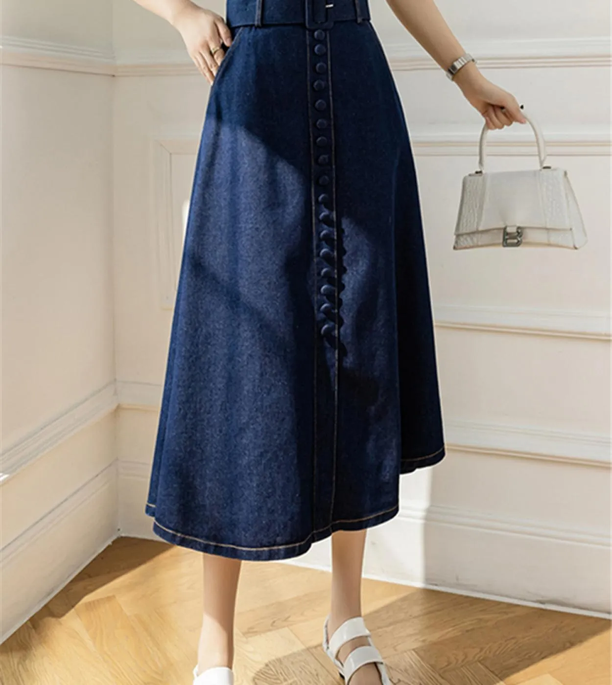 Seoulish 2023 New Single Breasted Womens Denim Skirts With Belted Summer High Wasit Jeans Skirt Female Aline Umbrella S