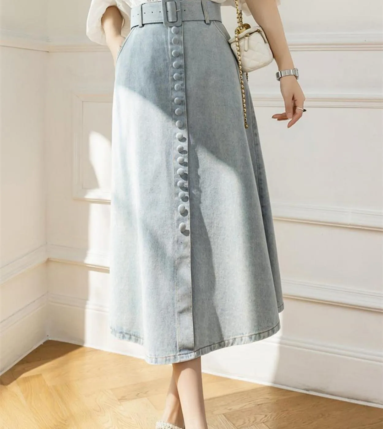 Seoulish 2023 New Single Breasted Womens Denim Skirts With Belted Summer High Wasit Jeans Skirt Female Aline Umbrella S